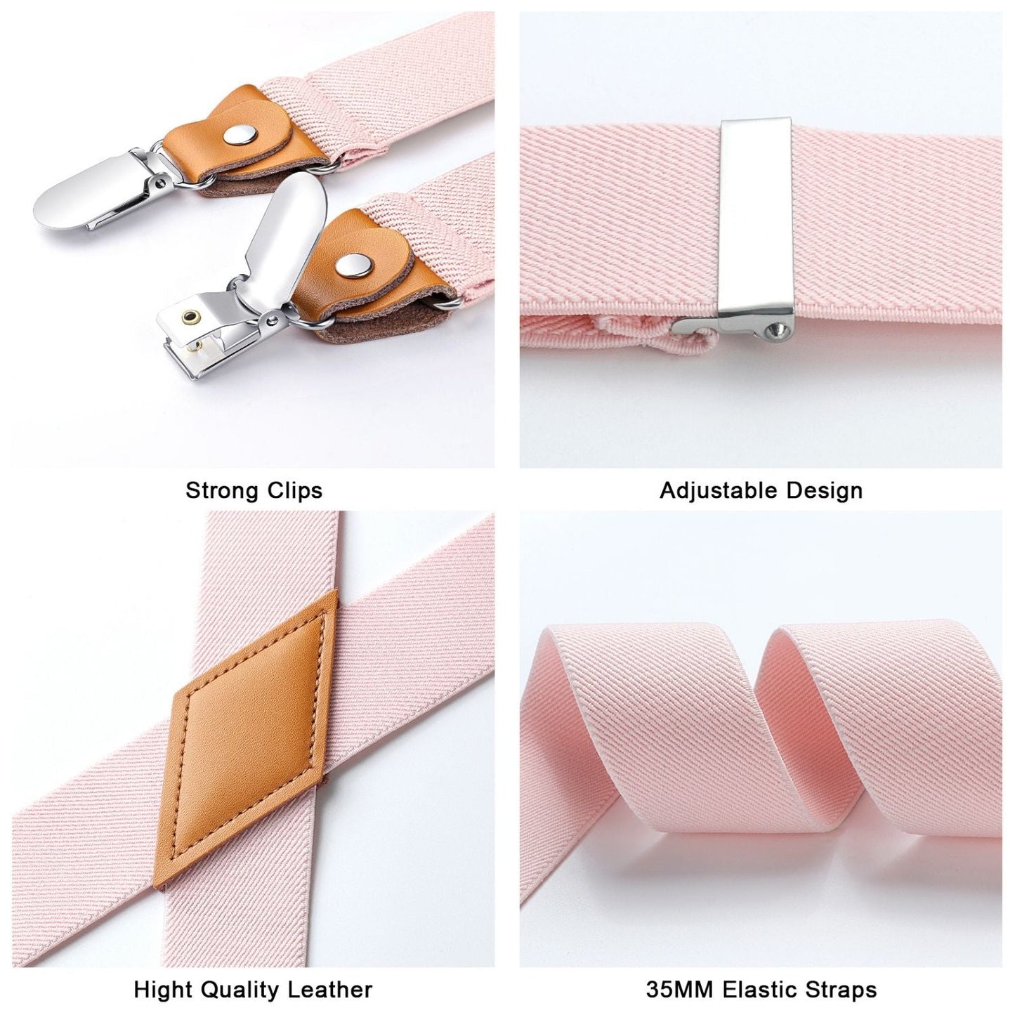 Hisdern 1.4 Inch Adjustable Suspender Pink with 4-Clip for Formal Pants