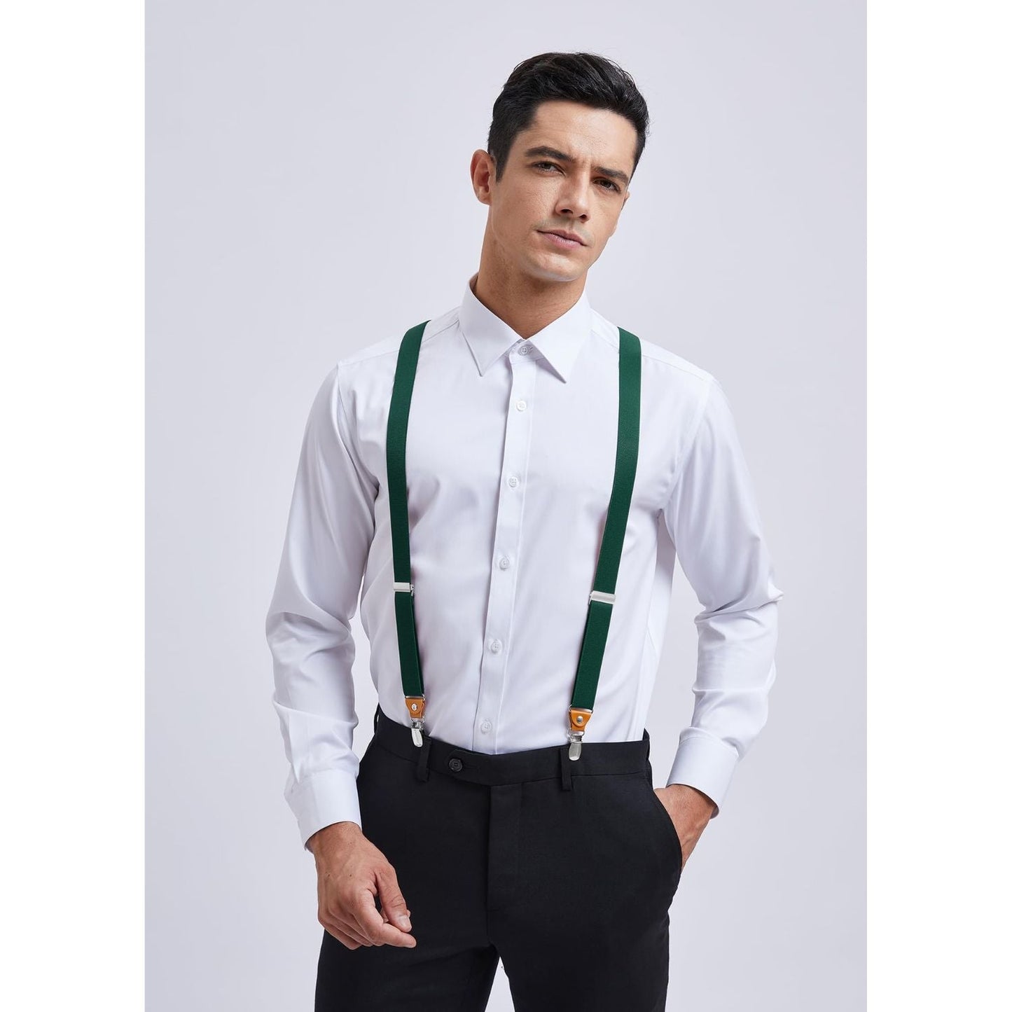Hisdern 1.0 Inch Adjustable Suspender Green with 4-Clip for Formal Pants
