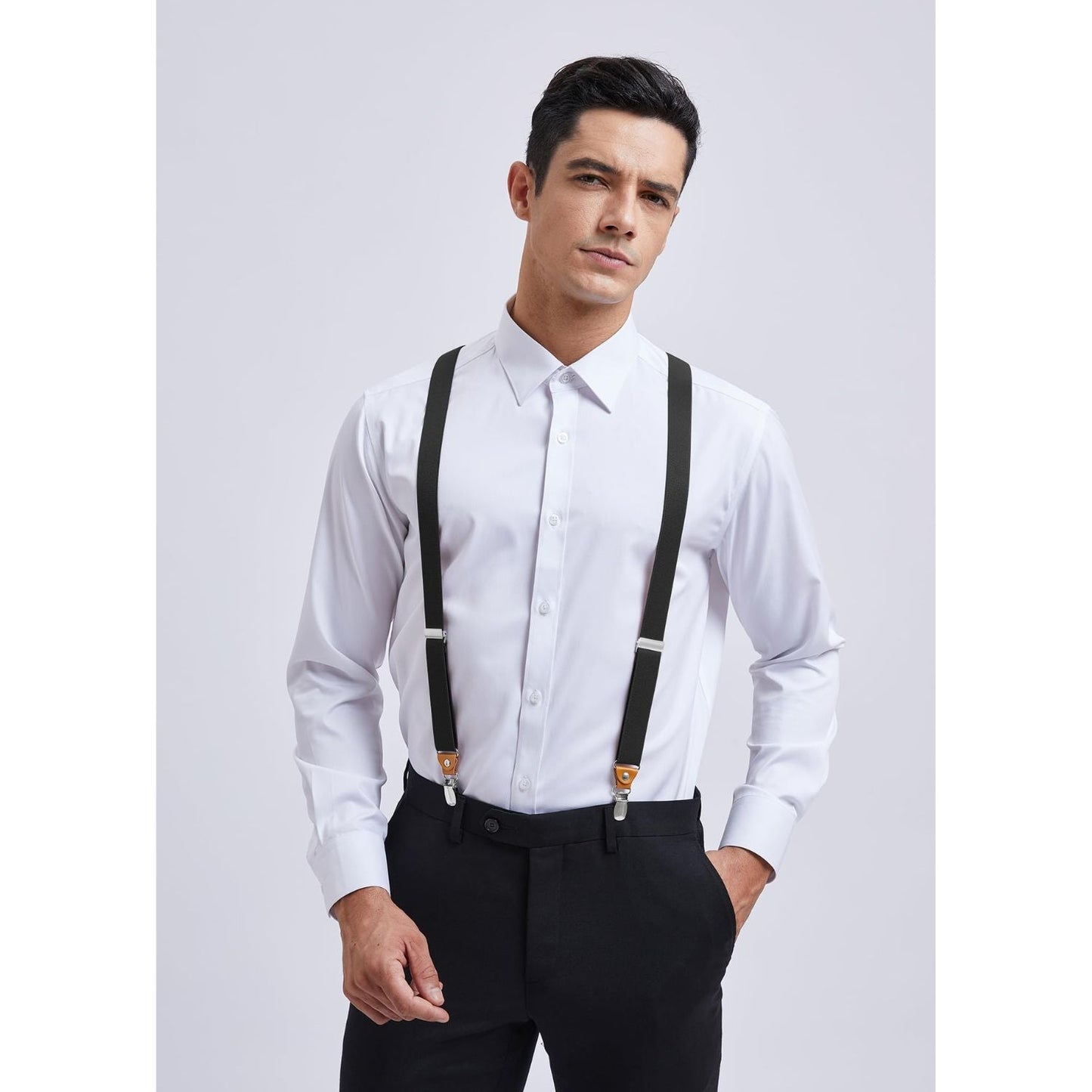 Hisdern 1.0 Inch Adjustable Suspender Black with 4-Clip for Formal Pants