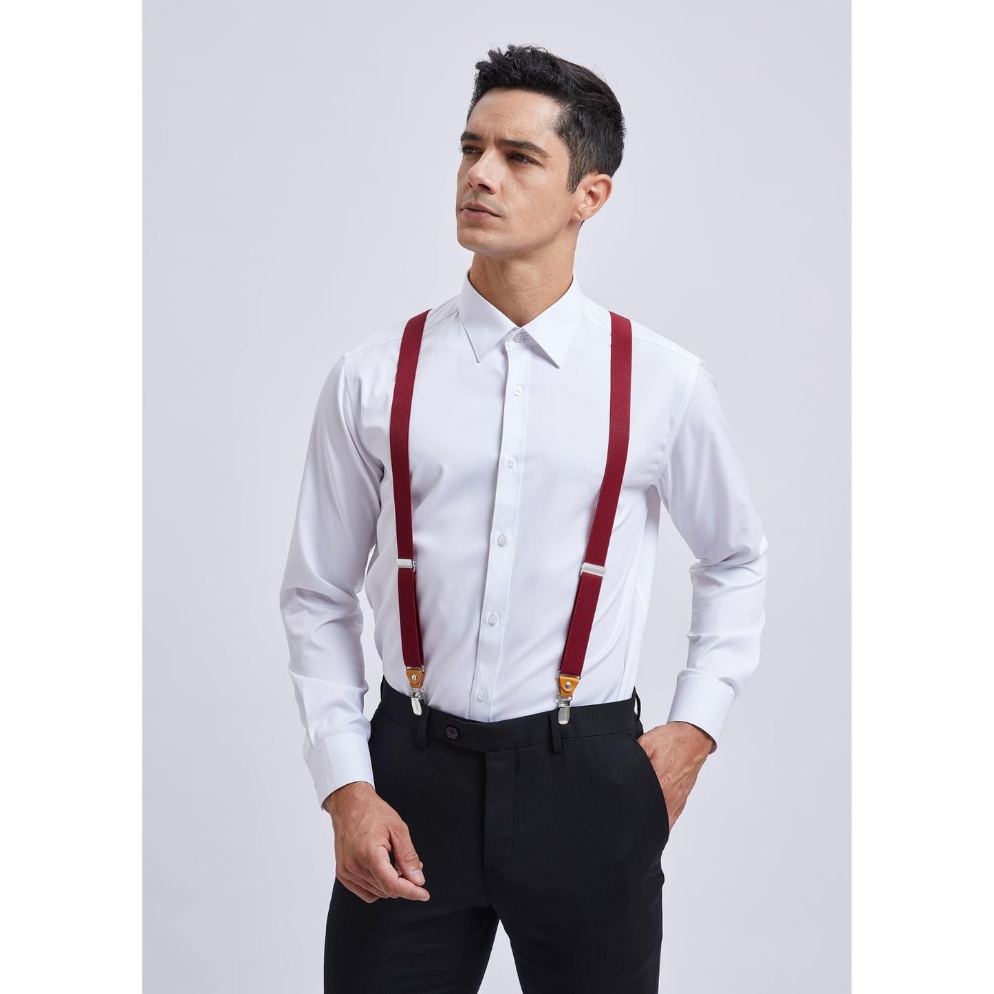 Hisdern 1.0 Inch Adjustable Suspender Red with 4-Clip for Formal Pants
