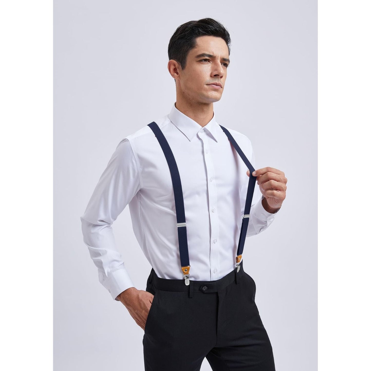 Hisdern 1.0 Inch Adjustable Suspender Navy Blue with 4-Clip for Formal Pants