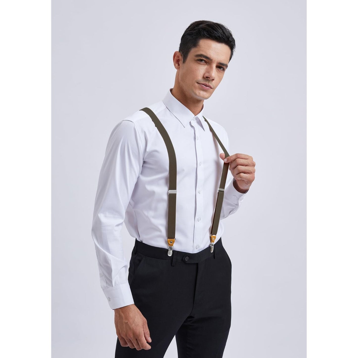 Hisdern 1.0 Inch Adjustable Suspender Brown with 4-Clip for Formal Pants