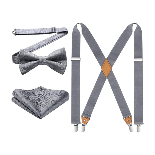 Hisdern Grey Paisley Suspenders Pre-Tied Bow Tie Set Formal Wedding