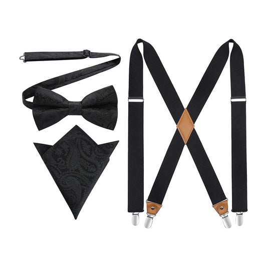 Hisdern Black Paisley Suspenders Pre-Tied Bow Tie Set Formal Wedding