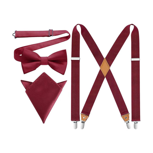Hisdern Burgundy Solid Suspenders Pre-Tied Bow Tie Set Formal Wedding