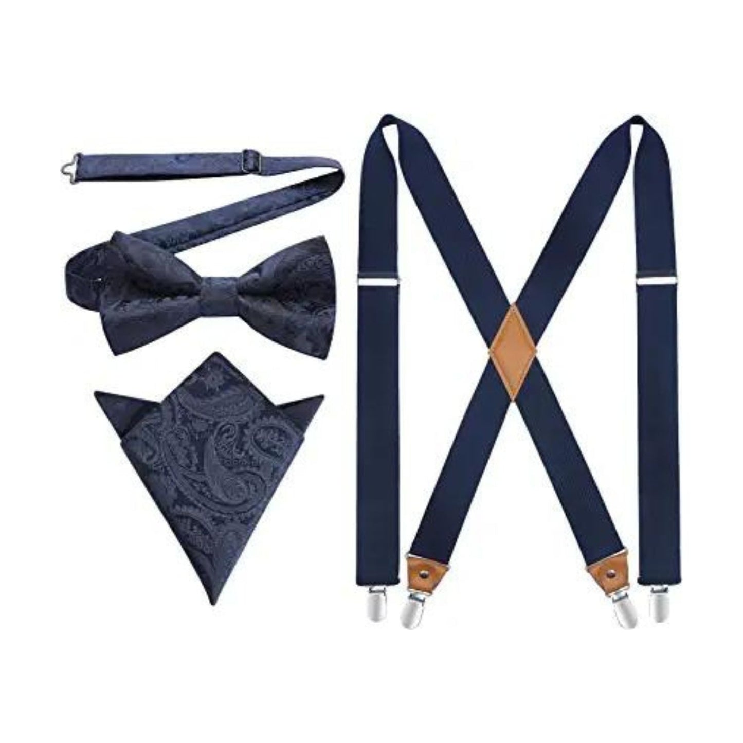 Hisdern Navy Blue Paisley Suspenders Pre-Tied Bow Tie Set Formal Wedding