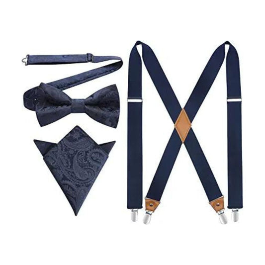 Hisdern Navy Blue Paisley Suspenders Pre-Tied Bow Tie Set Formal Wedding
