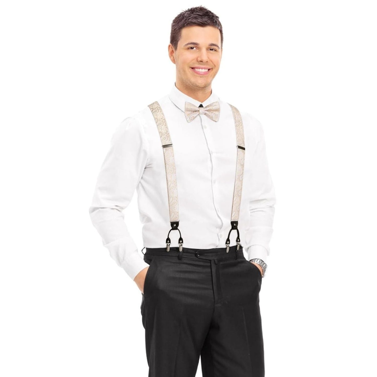 Hisdern Paisley Suspenders Pre-tied Bow Tie Set Champagne Formal Accessories