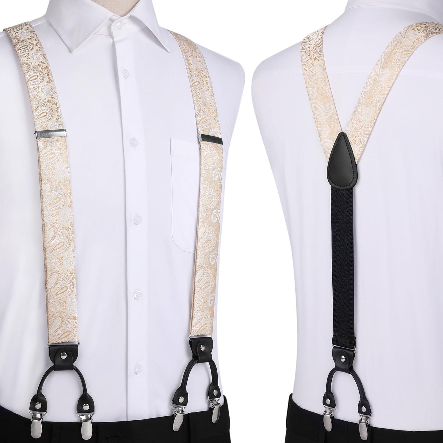 Hisdern Paisley Suspenders Pre-tied Bow Tie Set Champagne Formal Accessories
