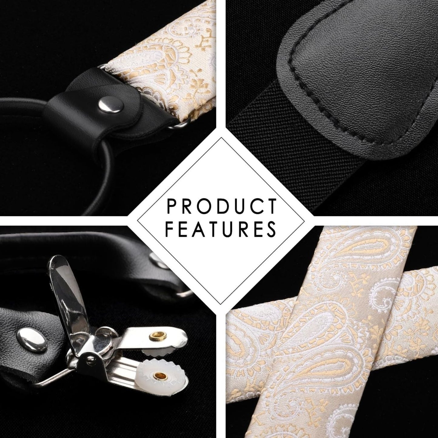 Hisdern Paisley Suspenders Pre-tied Bow Tie Set Champagne Formal Accessories