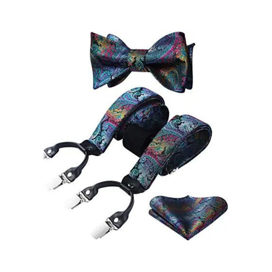 Hisdern Paisley Suspenders Bow Tie Set Blue Green Formal Accessories