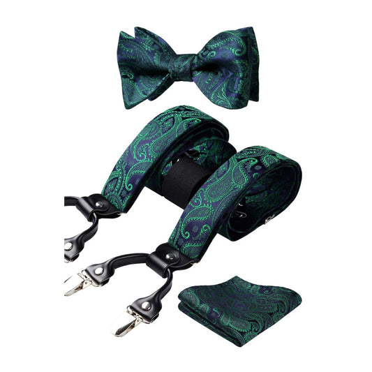 Hisdern Paisley Suspenders Bow Tie Set Green Formal Accessories