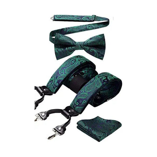 Hisdern Paisley Suspenders Pre-tied Bow Tie Set Green Formal Accessories