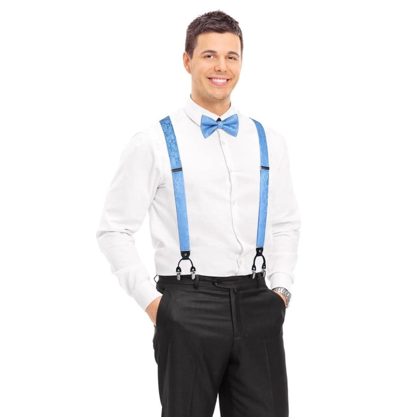 Hisdern Paisley Suspenders Pre-tied Bow Tie Set Sky Blue Formal Accessories