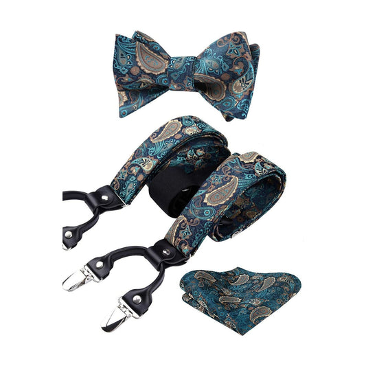 Hisdern Paisley Suspenders Bow Tie Set Green Aqua Formal Accessories