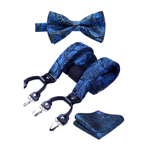 Hisdern Paisley Suspenders Pre-tied Bow Tie Set Blue Formal Accessories
