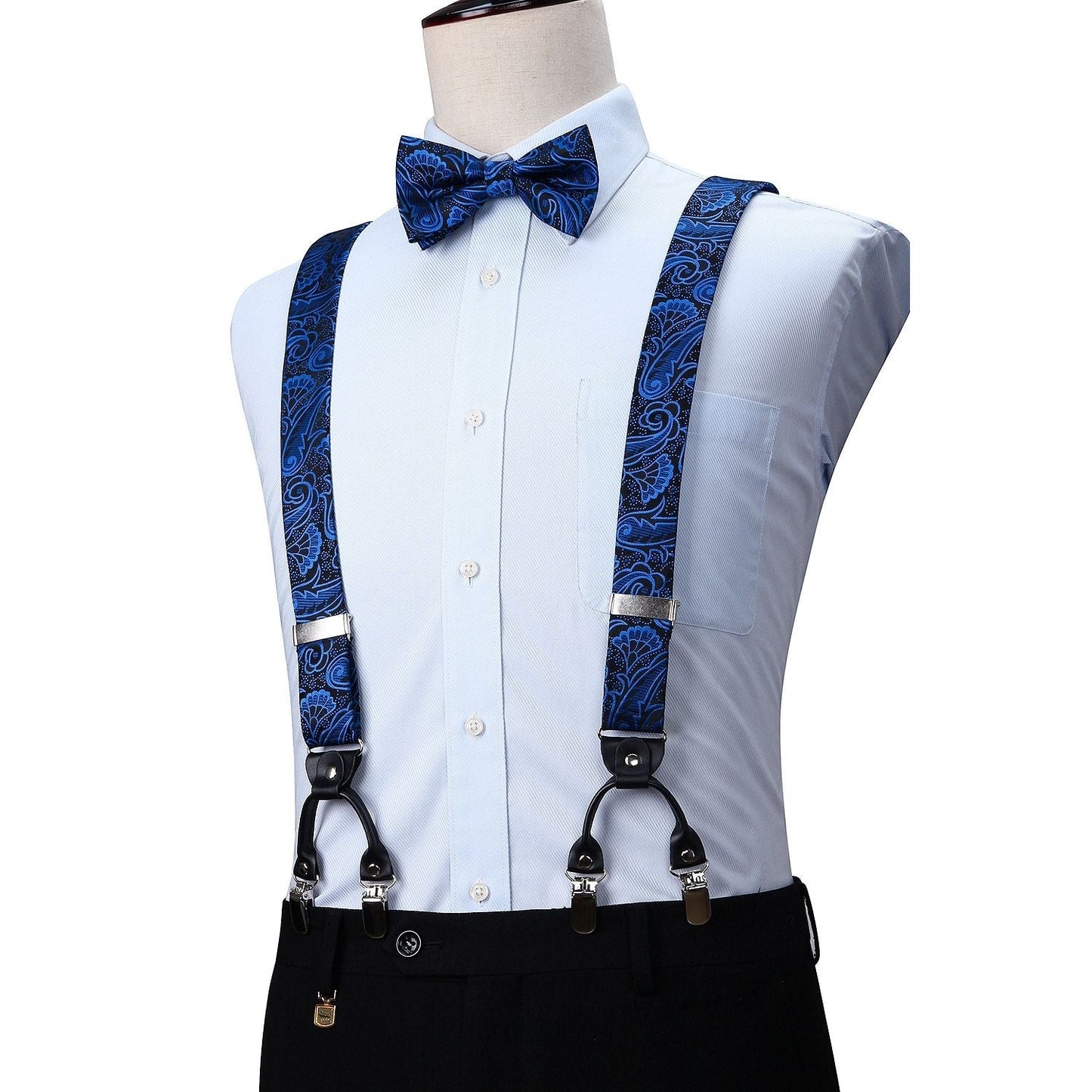 Hisdern Paisley Suspenders Pre-tied Bow Tie Set Blue Formal Accessories