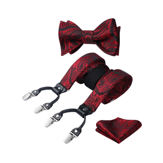 Hisdern Paisley Suspenders Bow Tie Set Red Black Formal Accessories