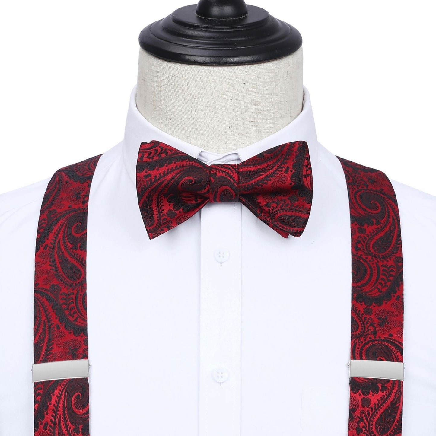 Hisdern Paisley Suspenders Bow Tie Set Red Black Formal Accessories