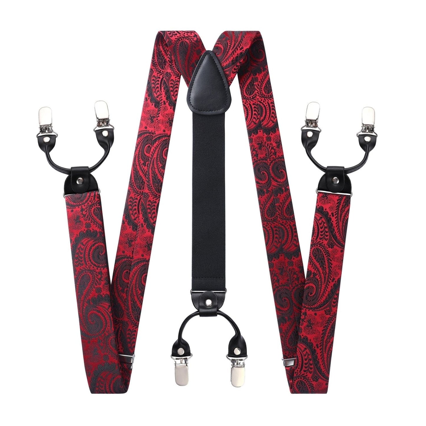 Hisdern Paisley Suspenders Bow Tie Set Red Black Formal Accessories