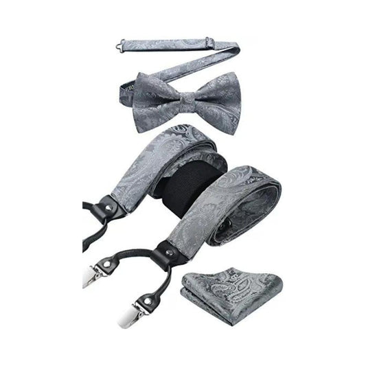 Hisdern Paisley Suspenders Pre-tied Bow Tie Set Grey Formal Accessories