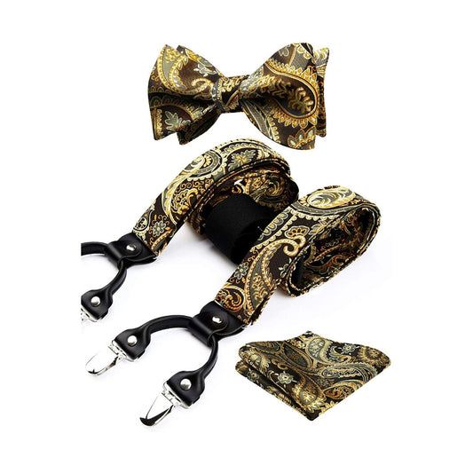 Hisdern Paisley Suspenders Bow Tie Set Gold Formal Accessories