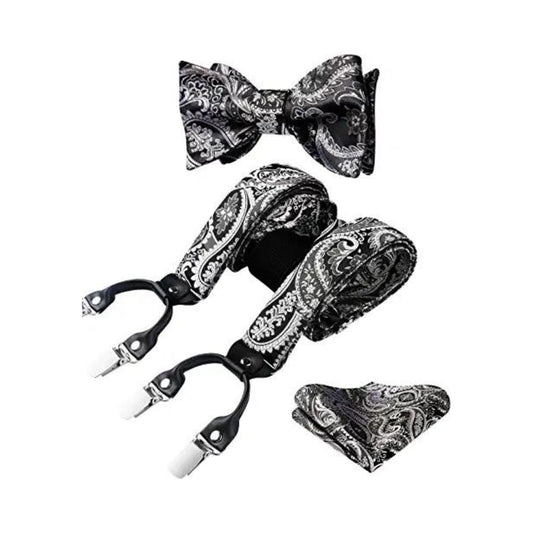 Hisdern Paisley Suspenders Bow Tie Set Grey Black Formal Accessories