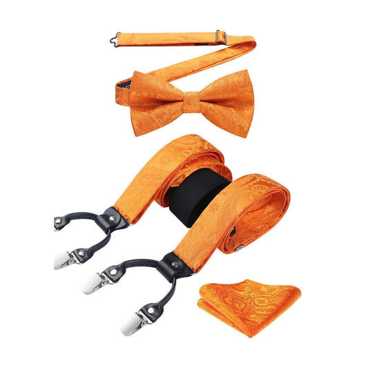 Hisdern Paisley Suspenders Pre-tied Bow Tie Set Orange Formal Accessories