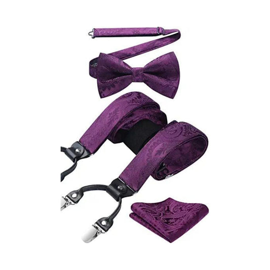 Hisdern Paisley Suspenders Pre-tied Bow Tie Set Purple Formal Accessories
