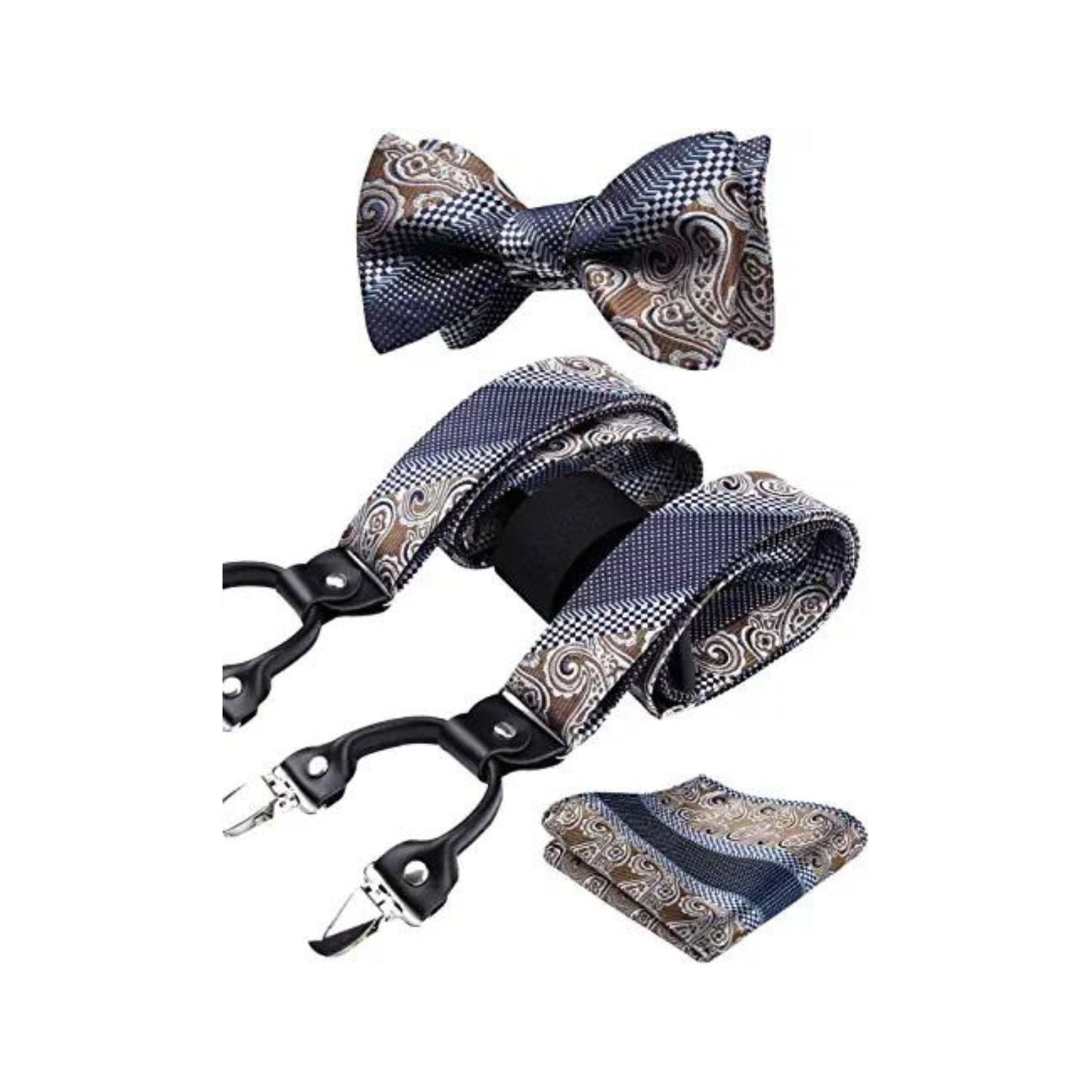Hisdern Paisley Suspenders Bow Tie Set Brown Navy Formal Accessories