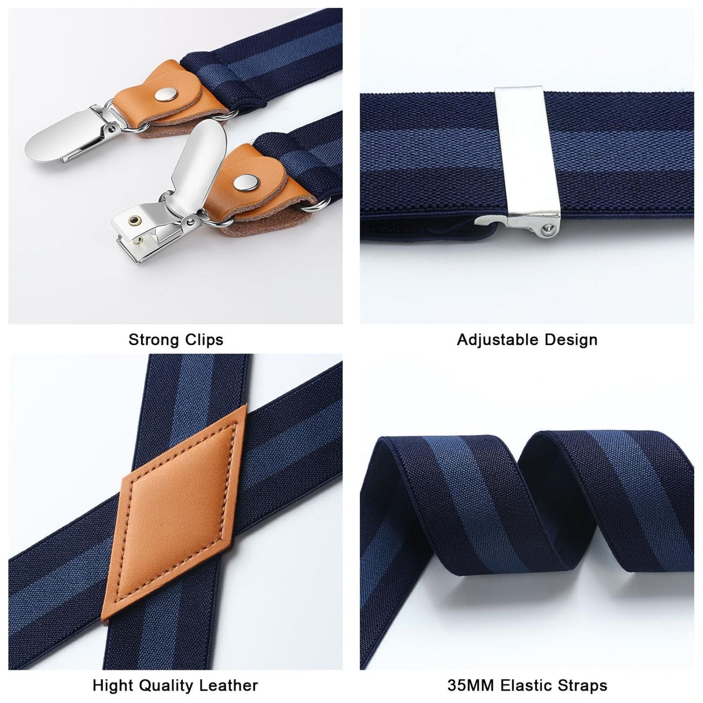 Hisdern 1.4 Inch Adjustable Suspender Navy Blue with 4-Clip for Formal Pants