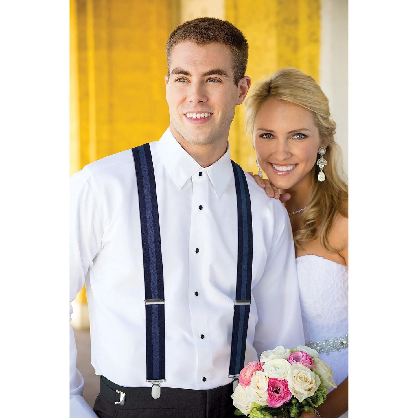 Hisdern 1.4 Inch Adjustable Suspender Navy Blue with 4-Clip for Formal Pants