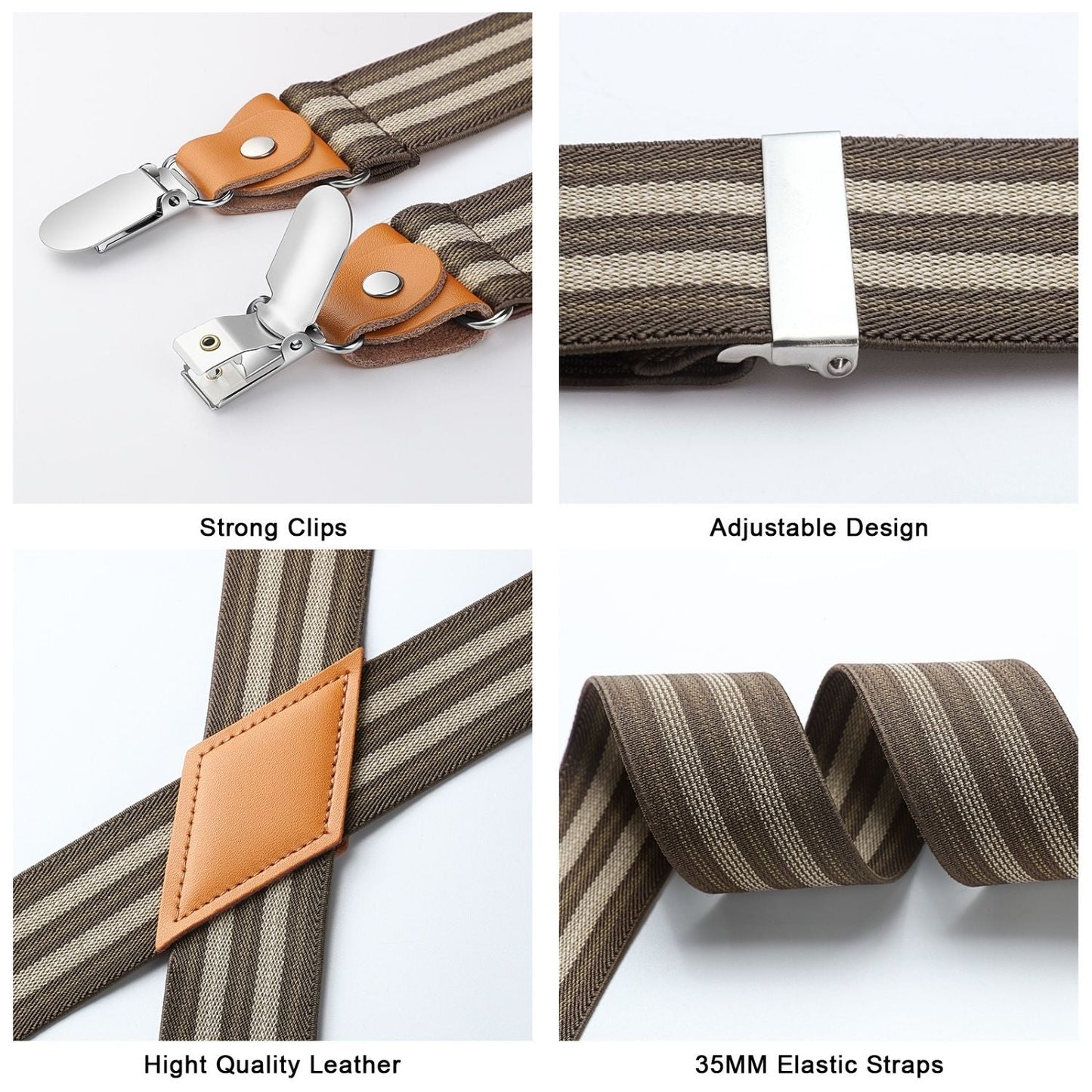 Hisdern 1.4 Inch Adjustable Suspender Brown with 4-Clip for Formal Pants