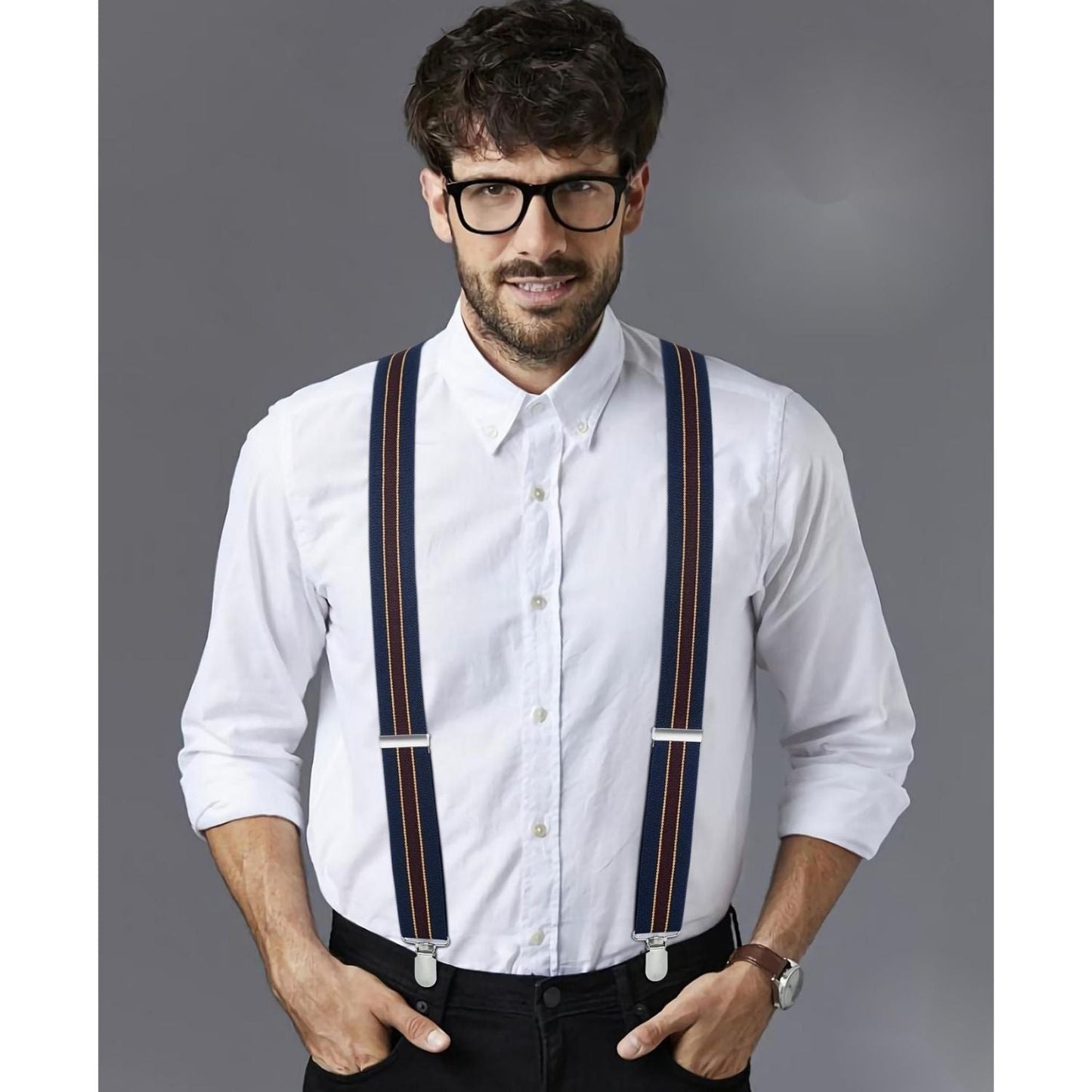 Hisdern 1.4 Inch Adjustable Suspender Navy Blue with 4-Clip for Formal Pants