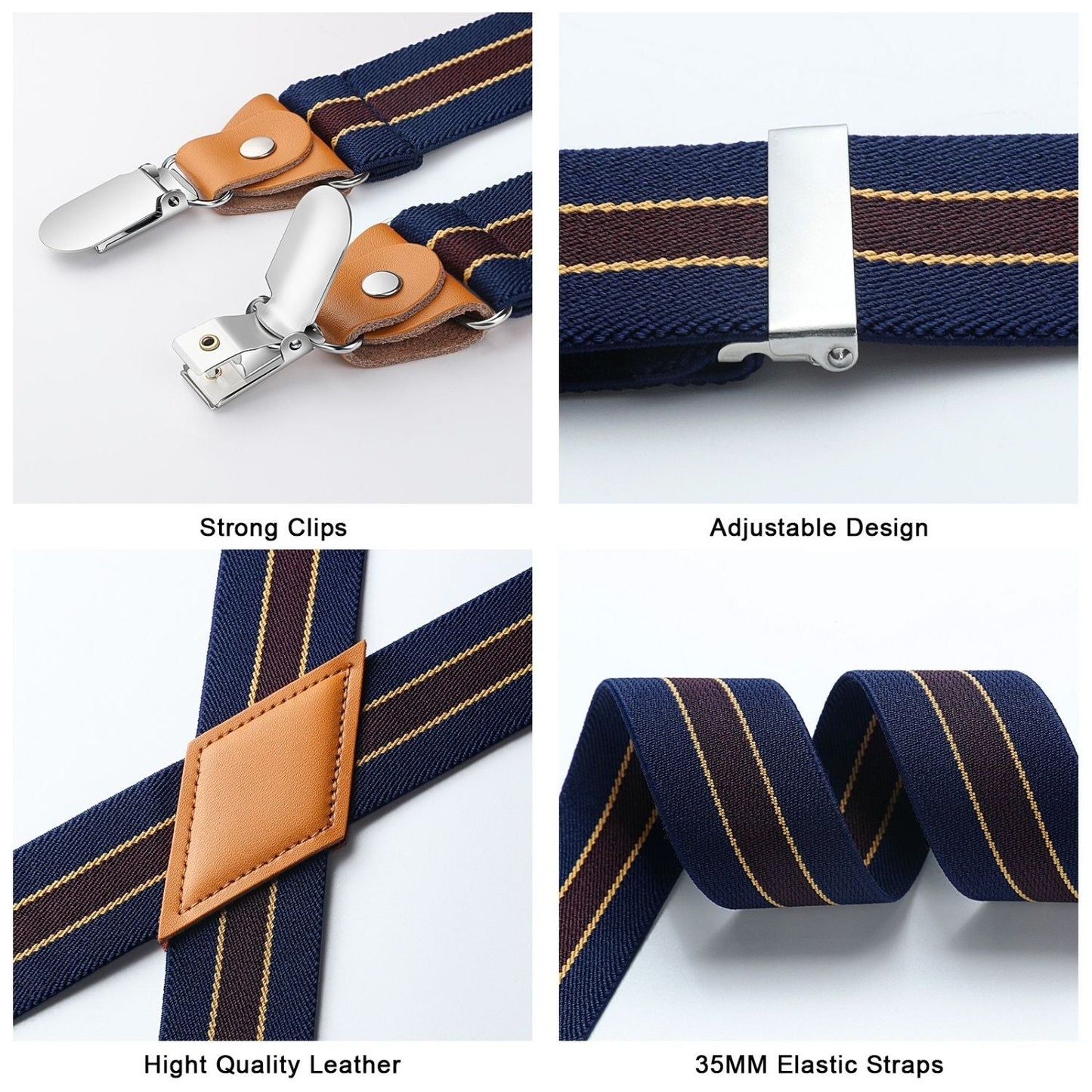 Hisdern 1.4 Inch Adjustable Suspender Navy Blue with 4-Clip for Formal Pants