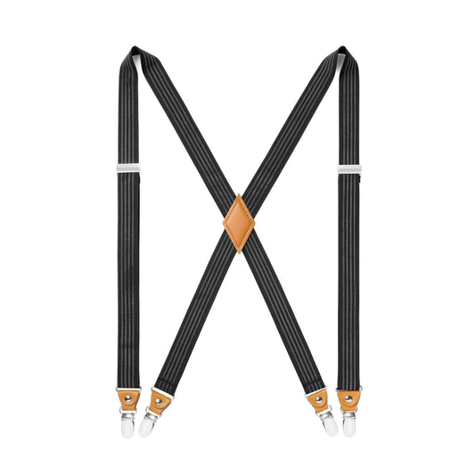 Hisdern 1.0 Inch Adjustable Suspender Black Grey with 4-Clip for Formal Pants