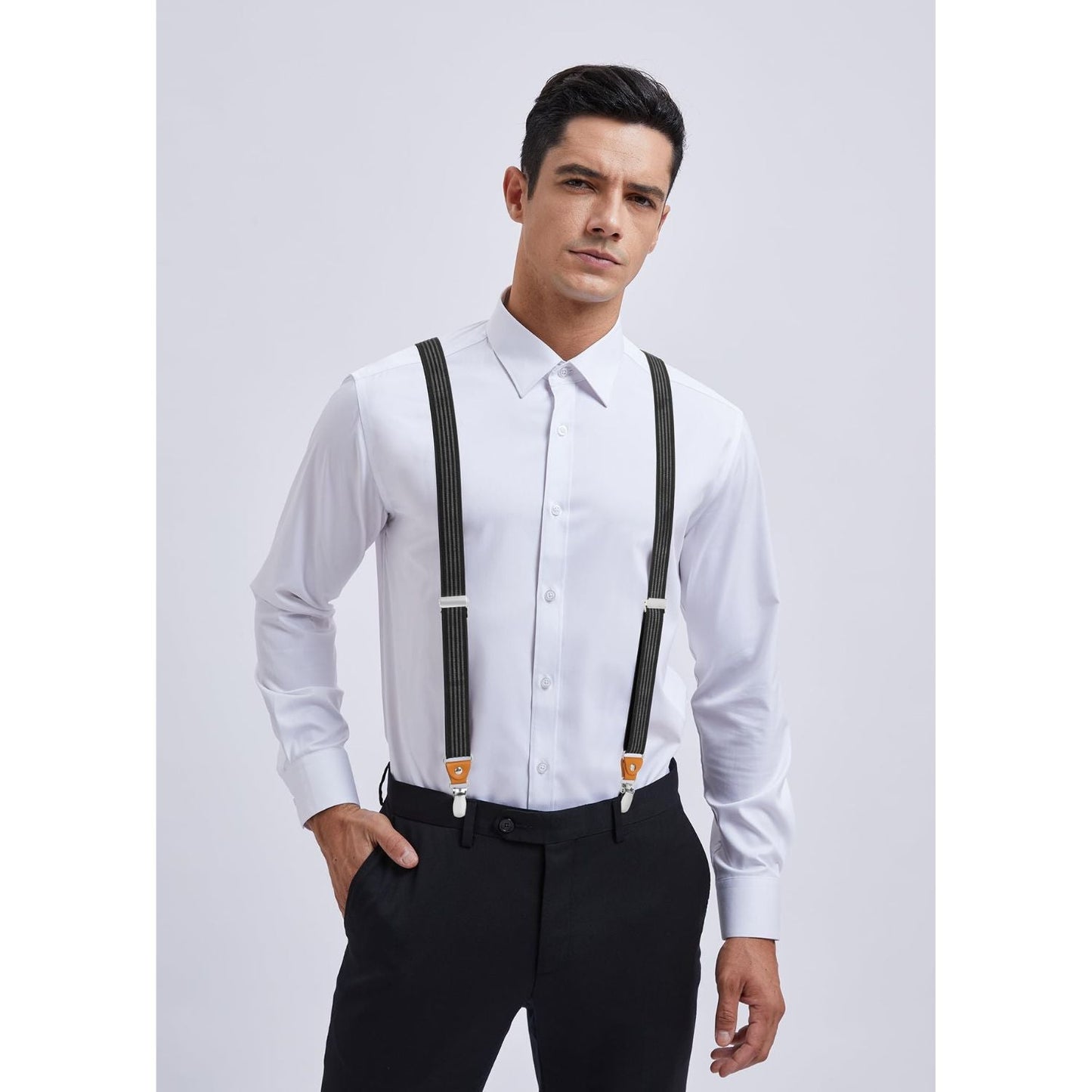 Hisdern 1.0 Inch Adjustable Suspender Black Grey with 4-Clip for Formal Pants