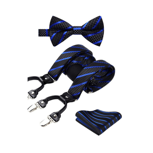 Hisdern Striped Suspenders Pre-tied Bow Tie Set Red Blue Black Groom Outfit