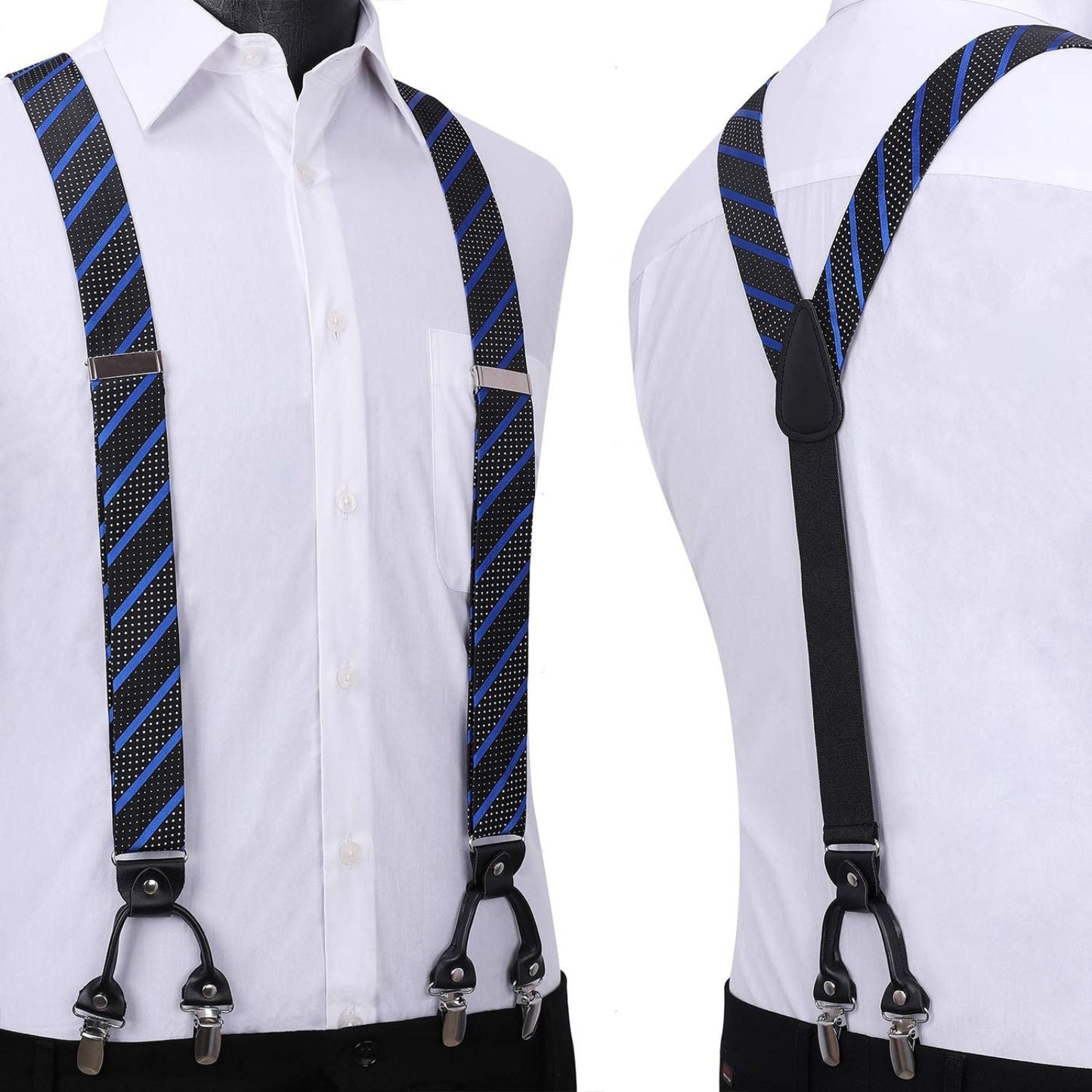 Hisdern Striped Suspenders Pre-tied Bow Tie Set Red Blue Black Groom Outfit