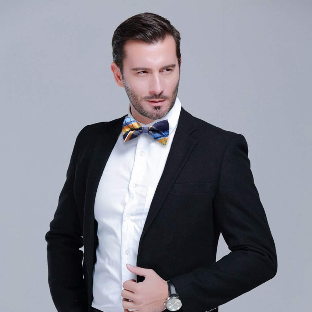 Hisdern Blue Yellow Plaid Pre-Tied Bow Tie for Men Classic Formal Business