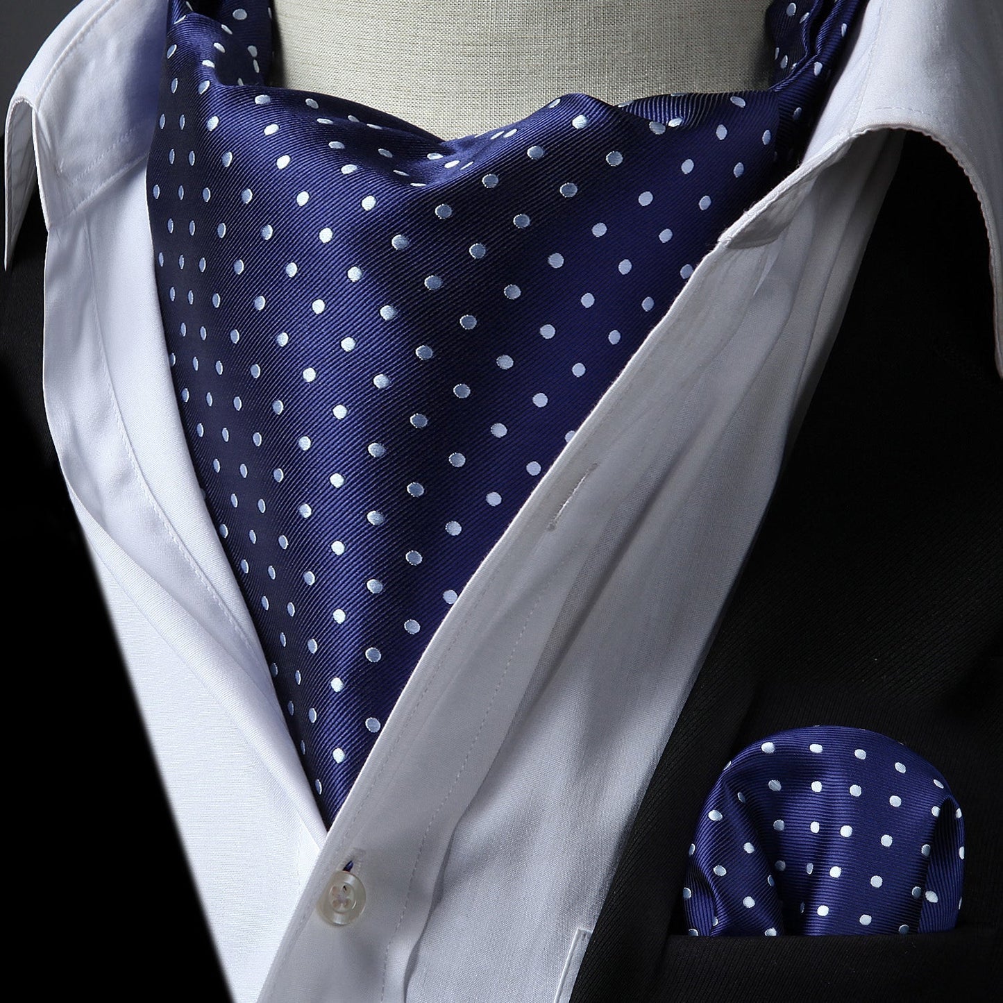 Hisdern Polka Dot Ascot Navy Blue Cravat for Men Vintage Style Neckwear