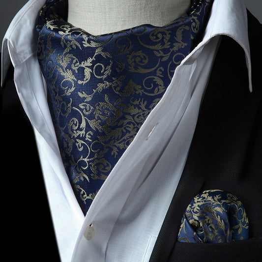 Hisdern Floral Navy Blue Ascot Cravat for Men Wedding Formal
