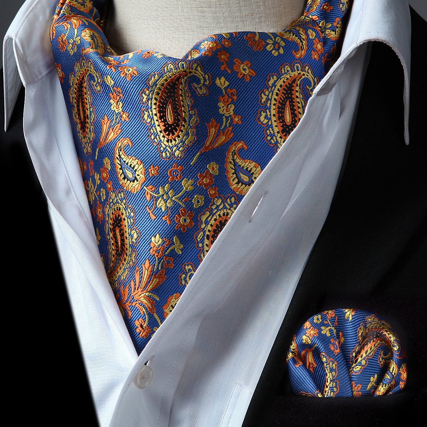 Hisdern Paisley Ascot Cravat for Men Blue Orange Formal Neckwear