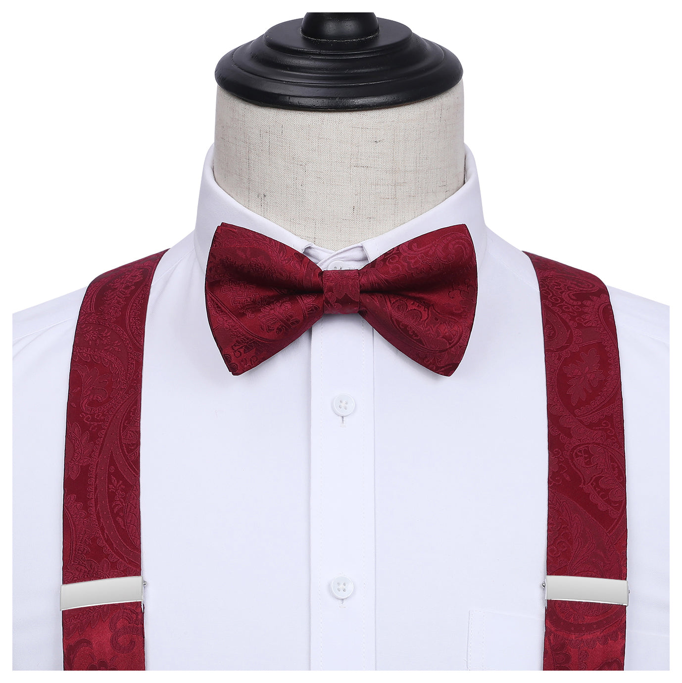 Hisdern Paisley Suspenders Pre-tied Bow Tie Set Maroon Formal Accessories