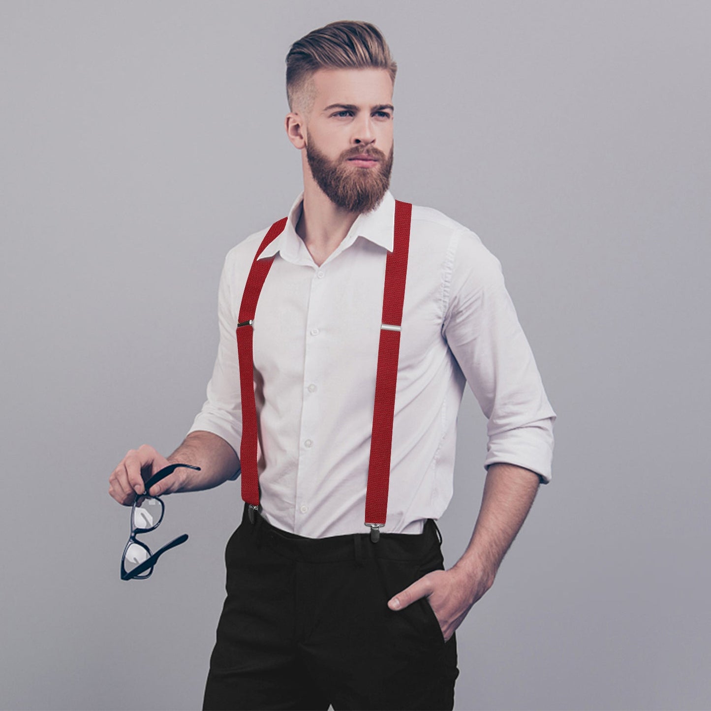Hisdern 1.4 Inch Adjustable Suspender Red with 4-Clip for Formal Pants
