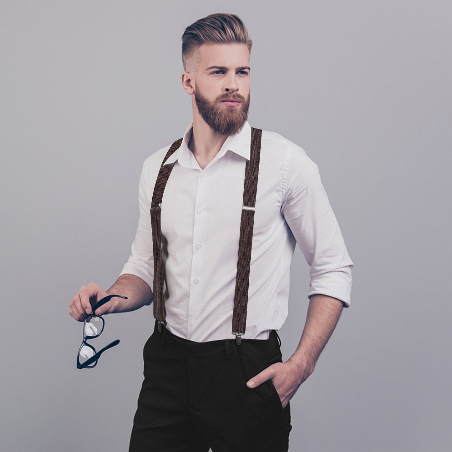 Hisdern 1.4 Inch Adjustable Suspender Brown with 4-Clip for Formal Pants