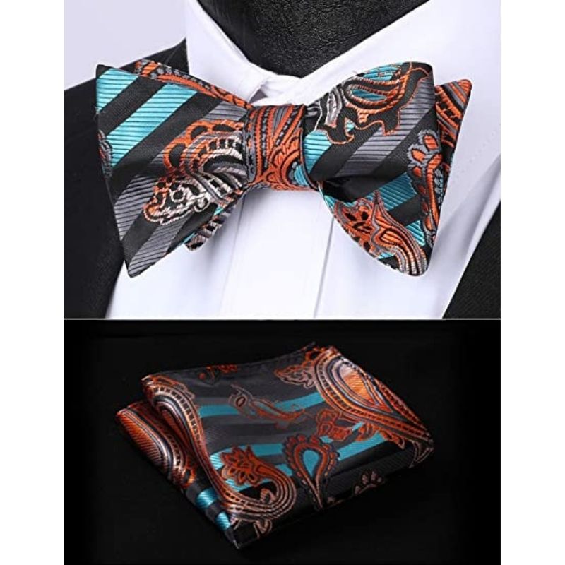 Hisdern Aqua Orange Paisley Bow Tie Set For Evening Wear