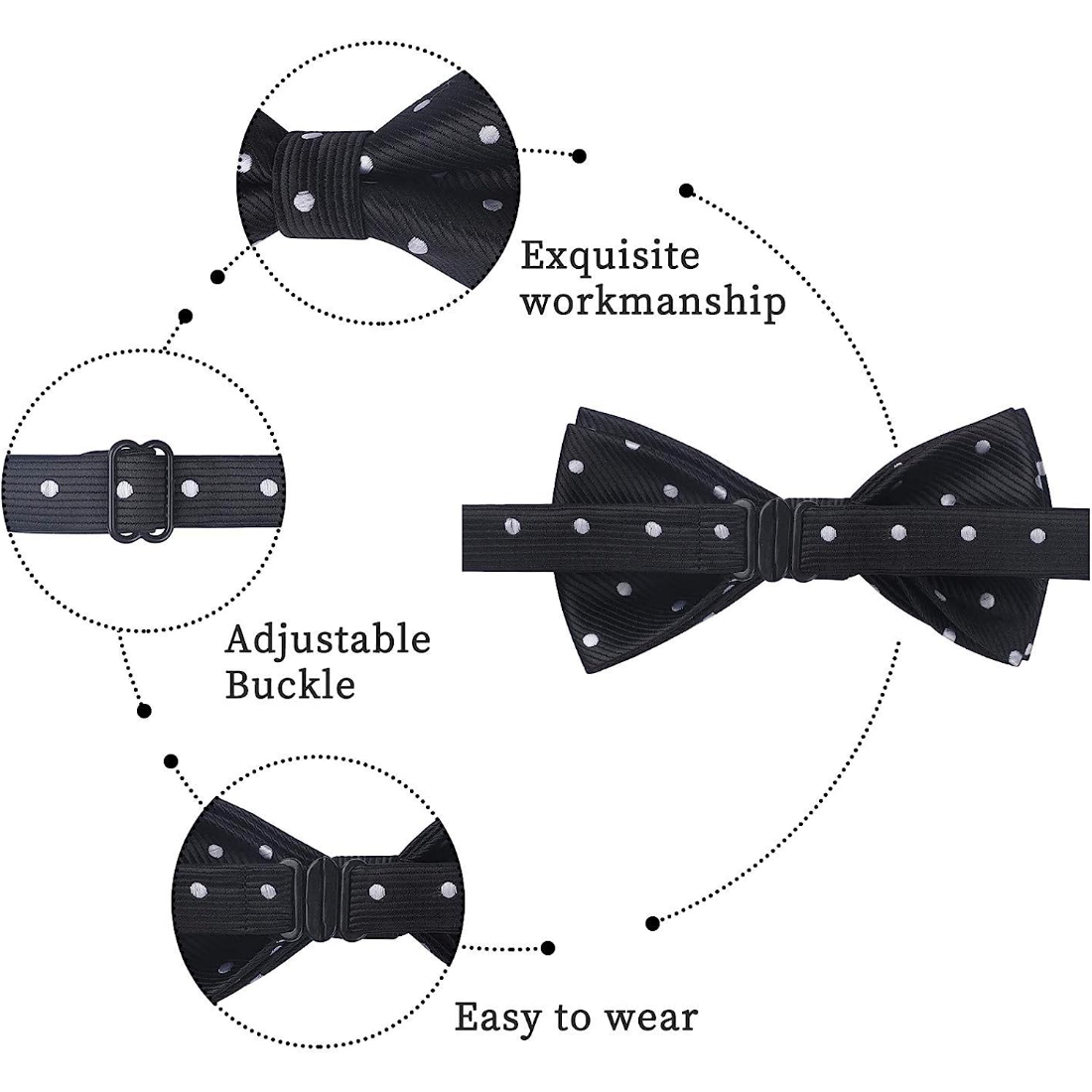Hisdern Black White Polka Dot Pre-Tied Bow Tie for Boys