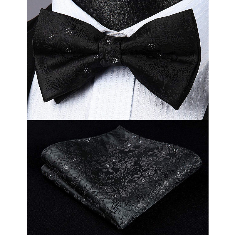 Hisdern Vintage Black Paisley Pre-Tied Bow Tie Set for Wedding