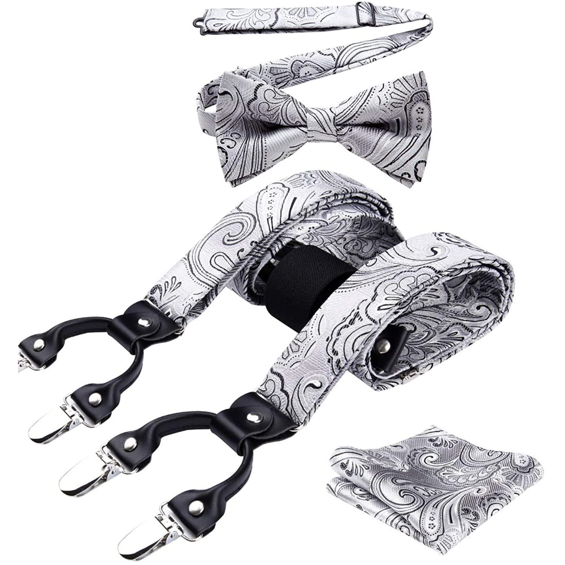 Hisdern Paisley Suspenders Pre-tied Bow Tie Set Silver Formal Accessories